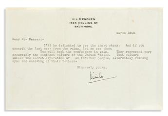 MENCKEN, H.L. Two Typed Letters Signed, to Mr. Hawkins or Mr. Weaver,